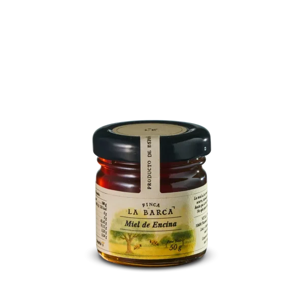 Holm oak honey Finca La Barca 50g Finca La Barca holm oak honey in a glass jar: a dark, thick honey with a malty aroma and an intense flavour, rich in iron and antioxidants.