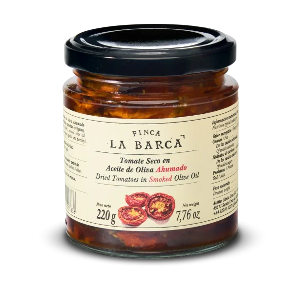 Finca La Barca Dried Tomatoes in Smoked Olive Oil Finca La Barca sun-dried tomatoes in smoked olive oil, in a glass jar, with a tender texture and an intense flavour, with a subtle smoky note.