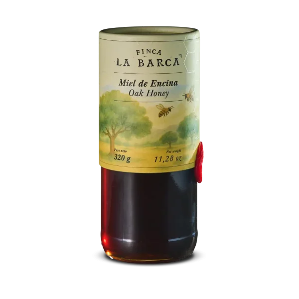 holm oak honey Finca La Barca Holm Oak Honey in a glass jar, a dark, natural honey produced amongst holm oaks and common oaks in western Spain